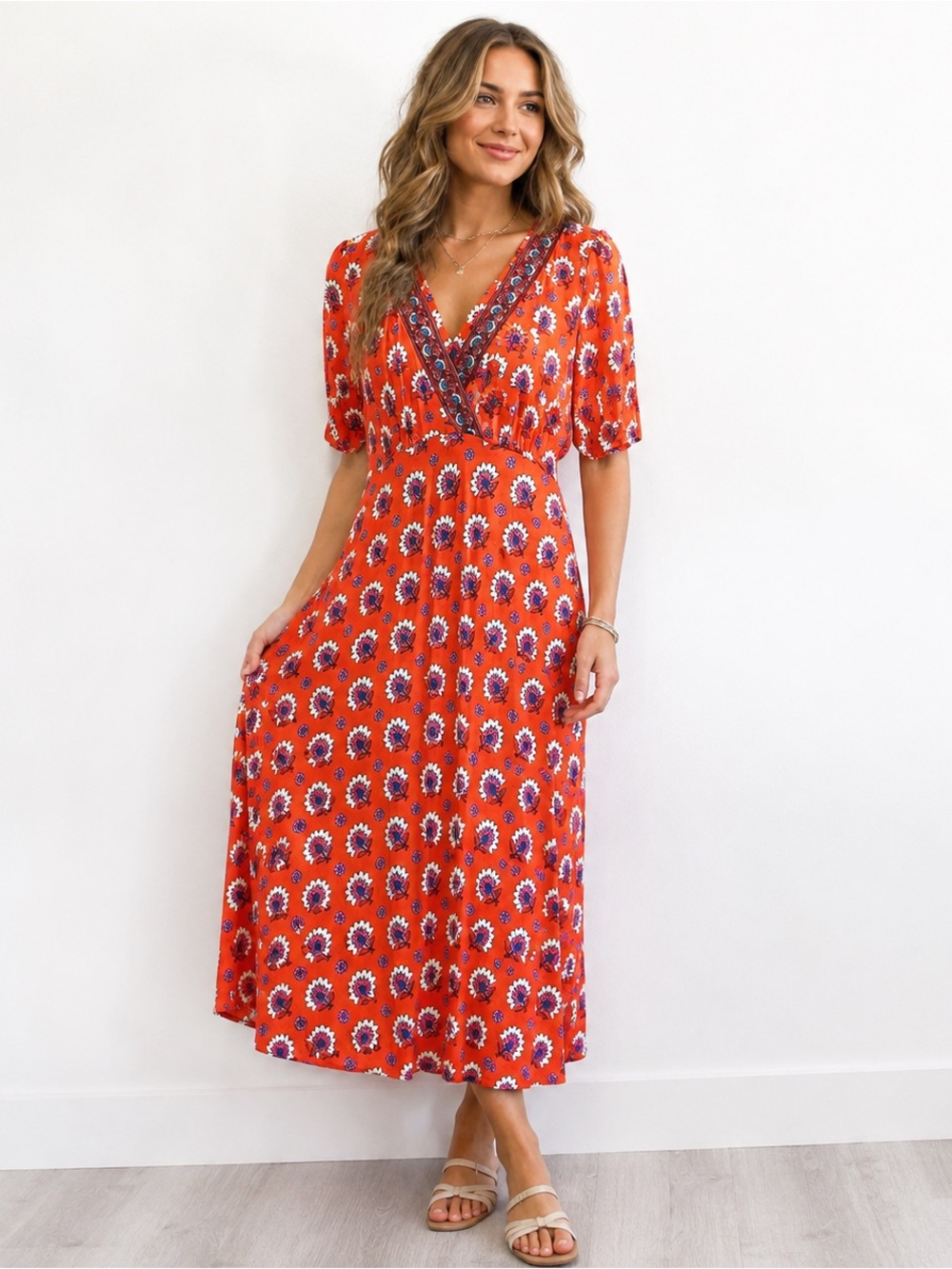 Boden Orange Floral Maxi Dress Size 6R V-Neck Boho Midi Dress